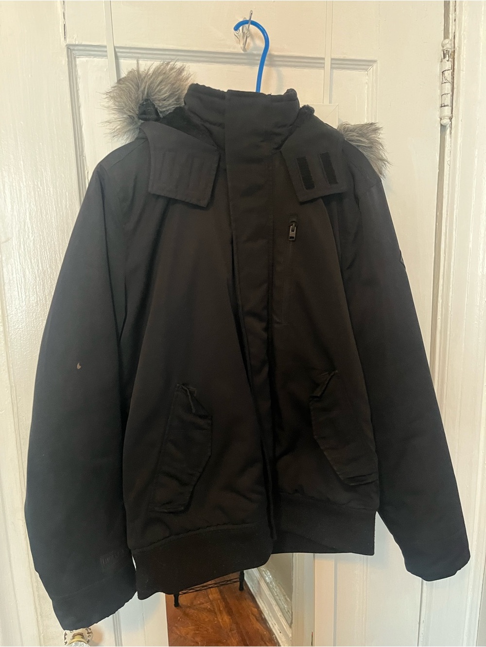 Men's Hollister Black Winter Parka Jacket with Faux-Fur Hood